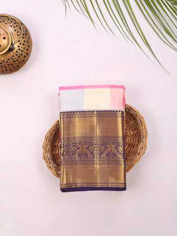 Multicolor Pure Kanchipuram Bridal Silk Saree with Peacock Motif on the body and Contrast Zari Border - Diadem