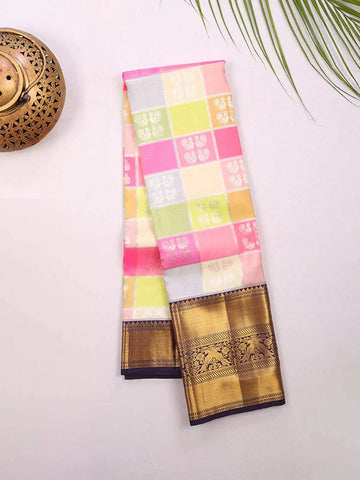 Multicolor Pure Kanchipuram Bridal Silk Saree with Peacock Motif on the body and Contrast Zari Border - Diadem