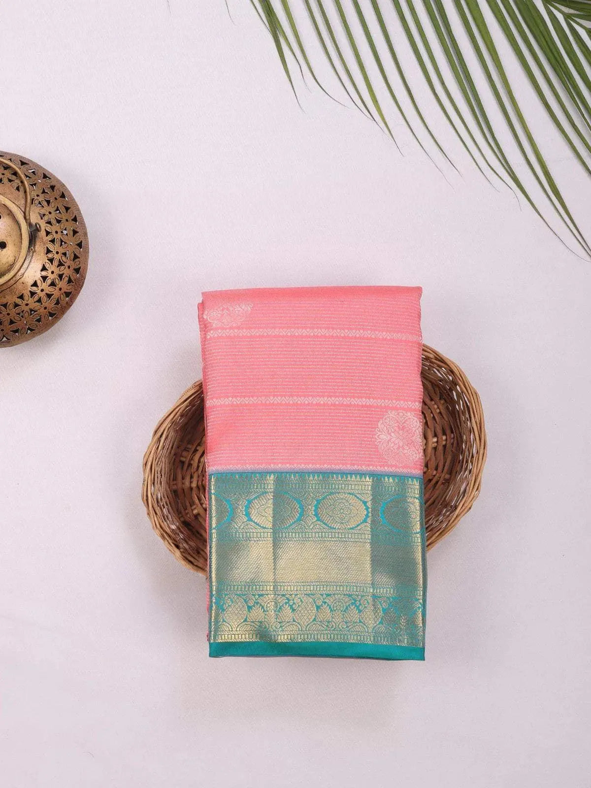 Light Pink Pure Kanchipuram Bridal Silk Saree with Floral Motif & Stripes - Diadem