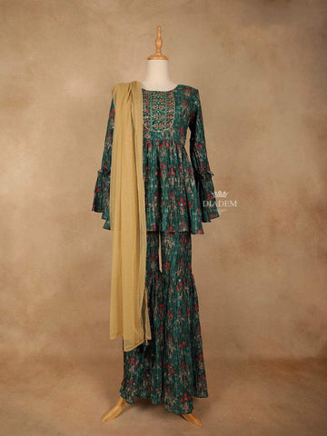 Dark Green Georgette Sharara Suit with Floral Prints, Paired with Dupatta - Diadem