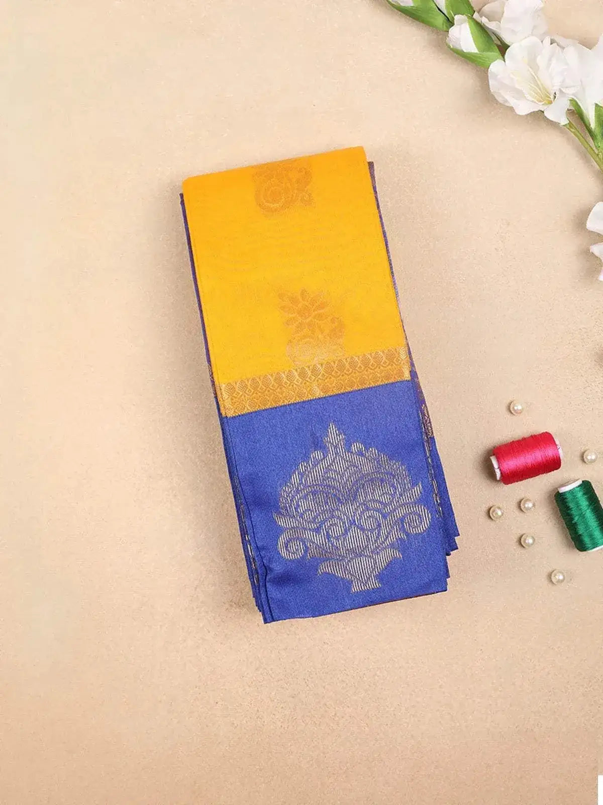 Yellow Silk Cotton Saree with Lotus Motifs on the Body with Contrast Border - Diadem