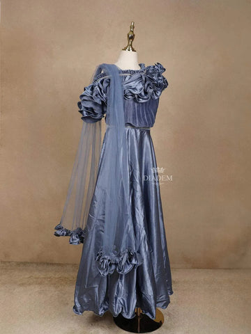 Blue Grey Satin Ruffle Lehenga Embellished with Stonework Paired with Dupatta - Diadem