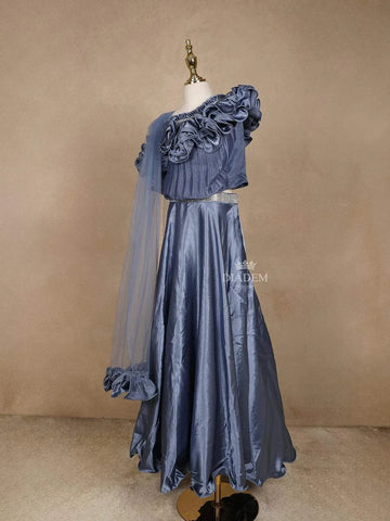 Blue Grey Satin Ruffle Lehenga Embellished with Stonework Paired with Dupatta - Diadem