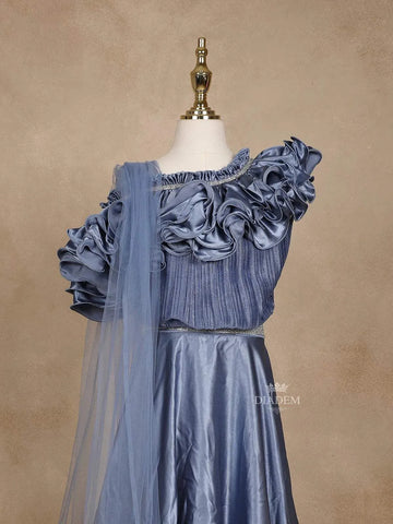 Blue Grey Satin Ruffle Lehenga Embellished with Stonework Paired with Dupatta - Diadem