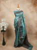 Teal Tussar Silk Saree with Floral Prints on the body and Thread Border - Diadem