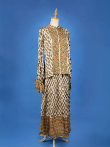 Beige Palazzo Salwar Suit Adorned with Floral Prints With Closed Collar and Full Sleeve - Diadem