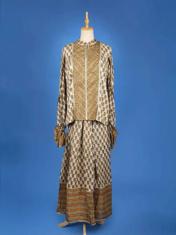 Beige Palazzo Salwar Suit Adorned with Floral Prints With Closed Collar and Full Sleeve - Diadem