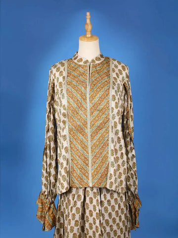Beige Palazzo Salwar Suit Adorned with Floral Prints With Closed Collar and Full Sleeve - Diadem