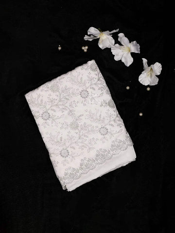 White Satin Bridal Saree with Beads and Floral Design and Design Border - Diadem
