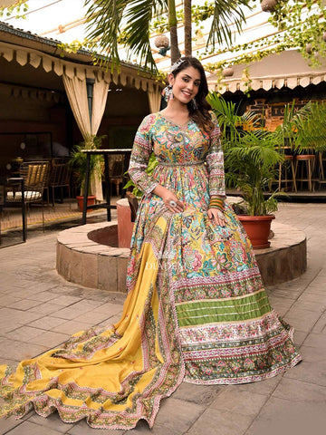 Mustard Yellow Crepe Anarkali Salwar Suit with Floral Prints Paired with Dupatta and Waist Belt - Diadem