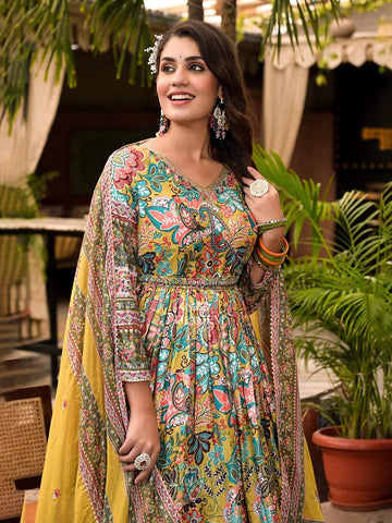 Mustard Yellow Crepe Anarkali Salwar Suit with Floral Prints Paired with Dupatta and Waist Belt - Diadem