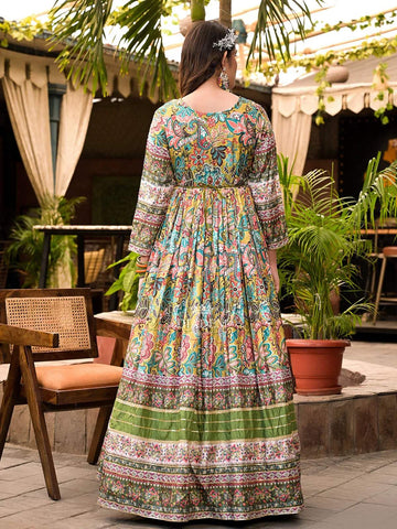 Mustard Yellow Crepe Anarkali Salwar Suit with Floral Prints Paired with Dupatta and Waist Belt - Diadem