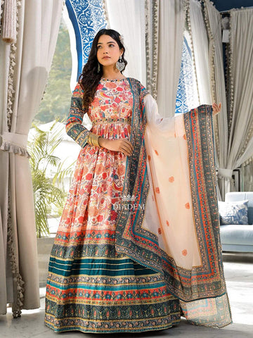 Ivory Crepe Anarkali Salwar Suit for Women with Floral Prints Paired with Dupatta and Waist Belt - Diadem
