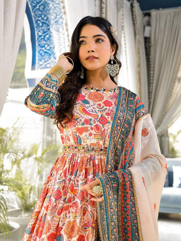 Ivory Crepe Anarkali Salwar Suit for Women with Floral Prints Paired with Dupatta and Waist Belt - Diadem