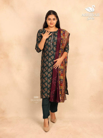 Dark Green Straight Cut Salwar Suit in Cotton with Floral Prints paired with Dupatta - Diadem
