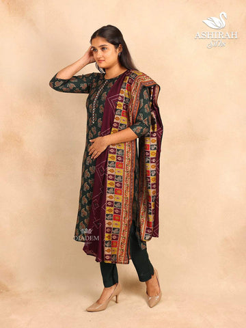 Dark Green Straight Cut Salwar Suit in Cotton with Floral Prints paired with Dupatta - Diadem