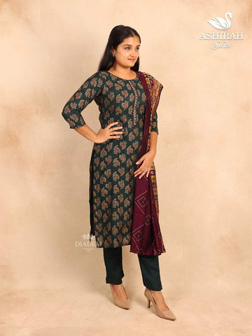 Dark Green Straight Cut Salwar Suit in Cotton with Floral Prints paired with Dupatta - Diadem
