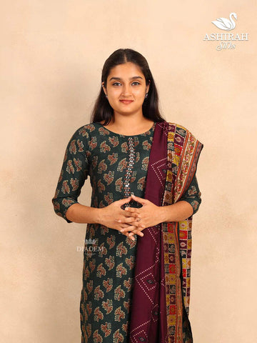 Dark Green Straight Cut Salwar Suit in Cotton with Floral Prints paired with Dupatta - Diadem