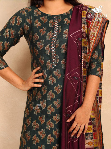 Dark Green Straight Cut Salwar Suit in Cotton with Floral Prints paired with Dupatta - Diadem