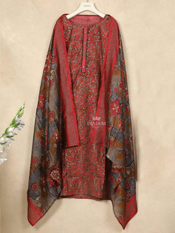 Red Crepe Straight Cut Salwar Suit for Girls Adorned with Sequins and Flower Prints, Paired with Dupatta - Diadem