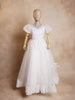 White Net Ball Gown Adorned with Floral Embroidery featuring Puff Sleeves - Diadem