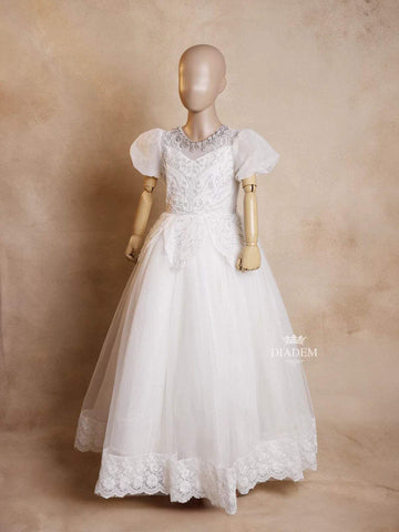 White Net Ball Gown Adorned with Floral Embroidery featuring Puff Sleeves - Diadem