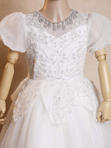 White Net Ball Gown Adorned with Floral Embroidery featuring Puff Sleeves - Diadem