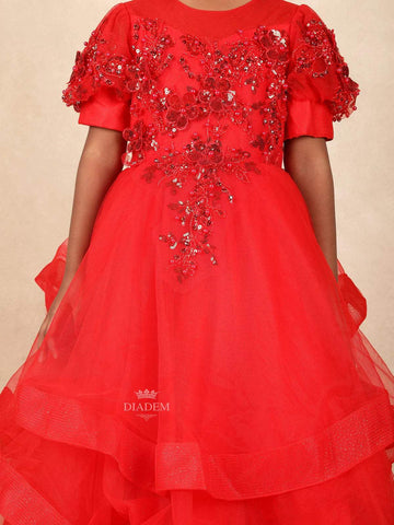 Red Net Gown Adorned with Floral Beads and 3D Flower Design without Dupatta - Diadem