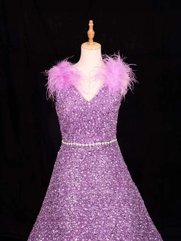 Lilac Net Gown with Sequins and Beads and Feather Sleeves - Diadem