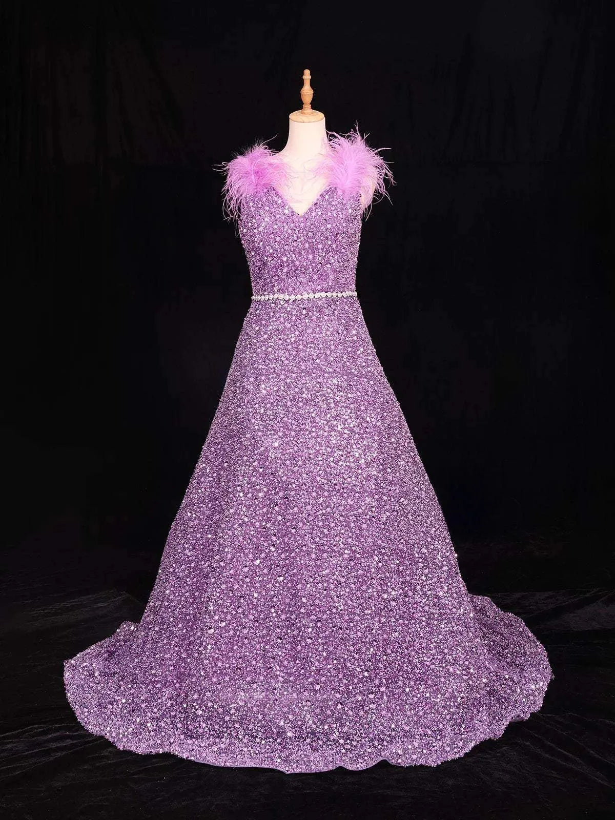 Lilac Net Gown with Sequins and Beads and Feather Sleeves - Diadem
