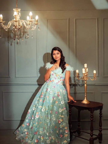 Light Aqua Net with Floral Threadwork and Sequins Gown - Diadem