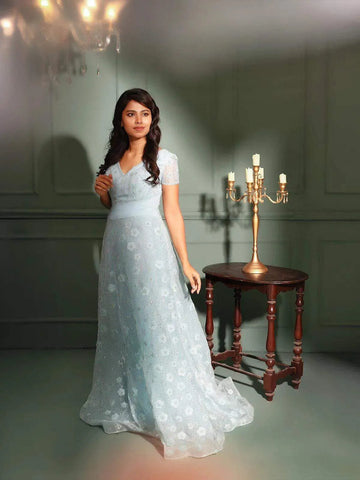 Light Blue Net Embellished with Sequins Gown - Diadem