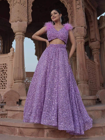 Lilac Net Bridal Lehenga with Sequin & Bead Embellishments - Diadem