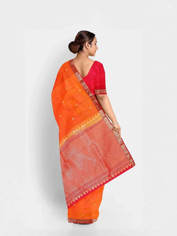 Orange Silk Saree with Zari Butta on the body and Contrast Zari Border - Diadem