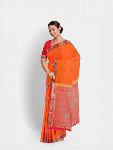 Orange Silk Saree with Zari Butta on the body and Contrast Zari Border - Diadem