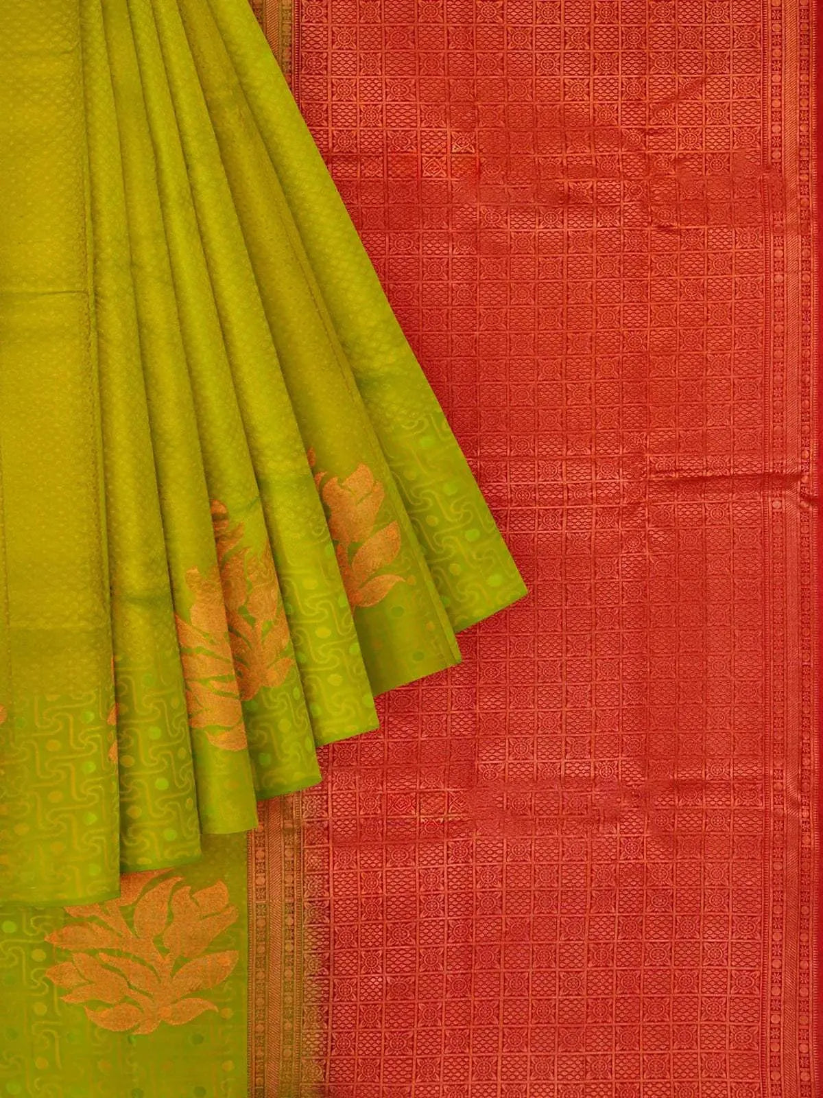 Olive Green Silk Saree with Floral Motif on the body and Without Border - Diadem
