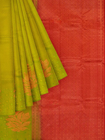 Olive Green Silk Saree with Floral Motif on the body and Without Border - Diadem