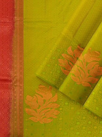 Olive Green Silk Saree with Floral Motif on the body and Without Border - Diadem