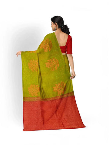 Olive Green Silk Saree with Floral Motif on the body and Without Border - Diadem