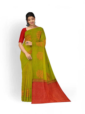 Olive Green Silk Saree with Floral Motif on the body and Without Border - Diadem