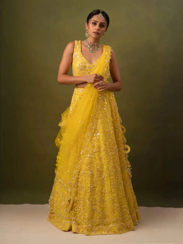 Bright Yellow Floral Sleeveless Bridal Lehenga with Sequins Beads - Diadem