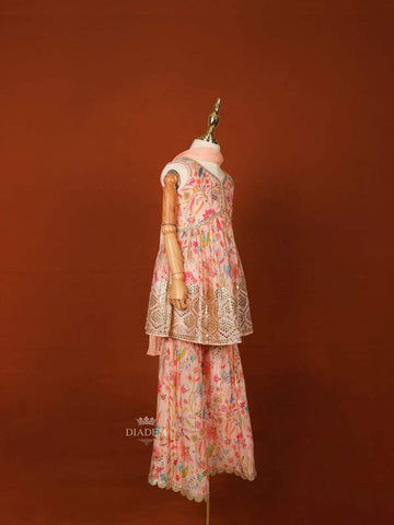 Light Peach Georgette Palazzo Salwar Suit Adorned with Floral Prints and paired with Dupatta - Diadem