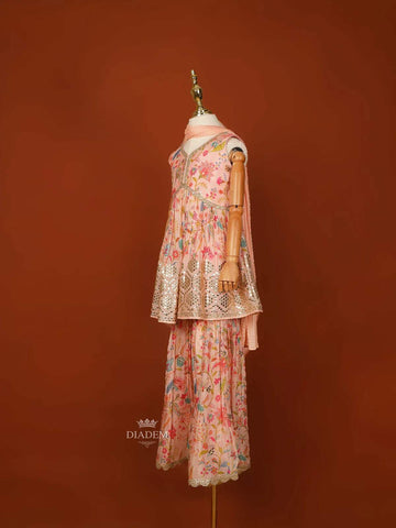 Light Peach Georgette Palazzo Salwar Suit Adorned with Floral Prints and paired with Dupatta - Diadem