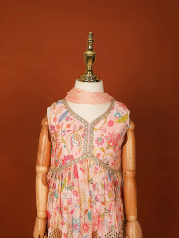 Light Peach Georgette Palazzo Salwar Suit Adorned with Floral Prints and paired with Dupatta - Diadem
