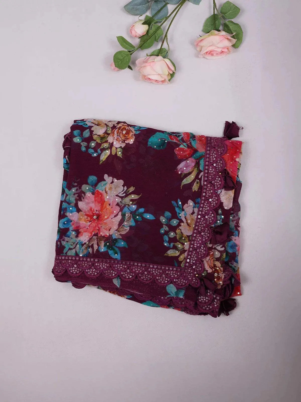 Purple Organza Saree with Floral Prints on the Body and Design Border Paired with Designer Blouse - Diadem