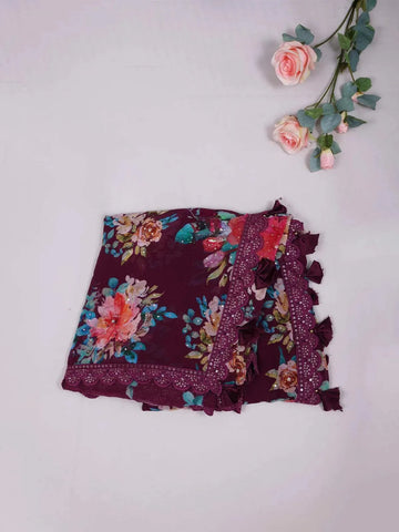 Purple Organza Saree with Floral Prints on the Body and Design Border Paired with Designer Blouse - Diadem