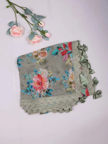 Mint Organza Saree with Floral Prints on the Body and Lace Border Paired with Designer Blouse - Diadem