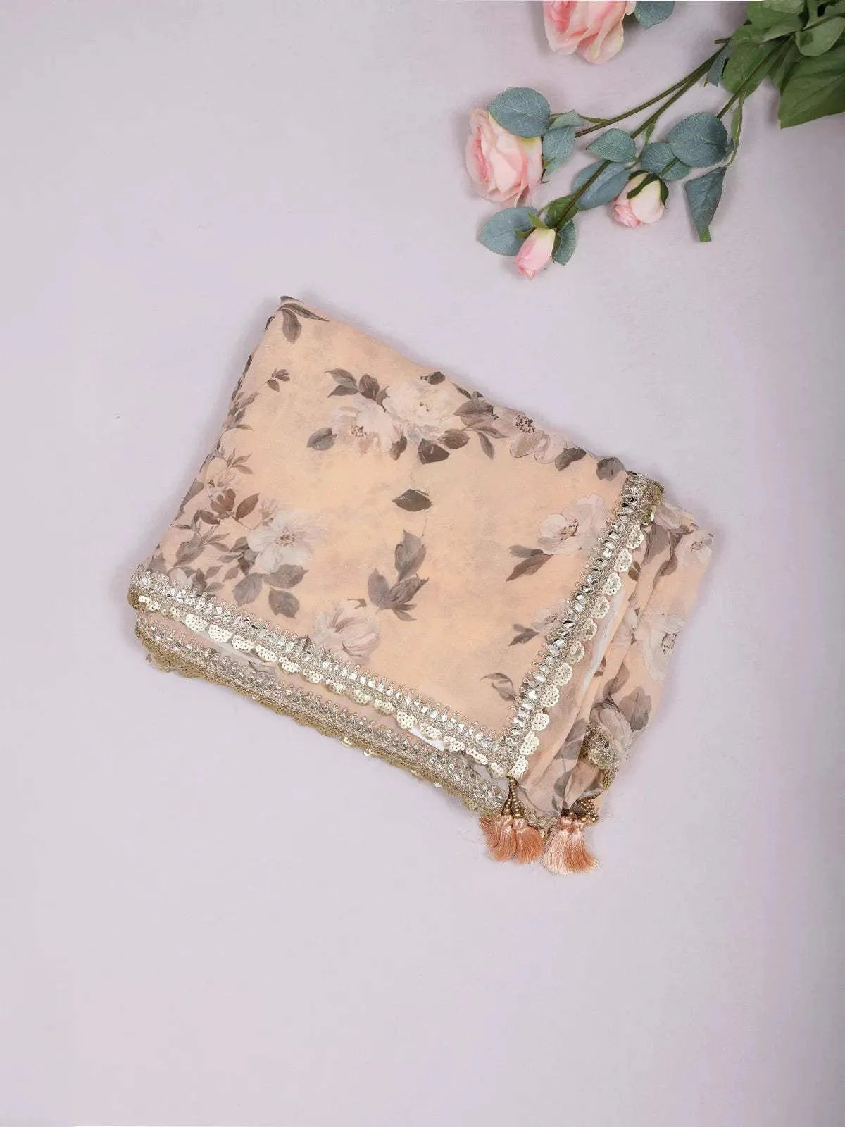 Cream Organza Saree with Floral Prints on the Body and Embroidered Border Paired with Designer Blouse - Diadem