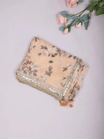 Cream Organza Saree with Floral Prints on the Body and Embroidered Border Paired with Designer Blouse - Diadem