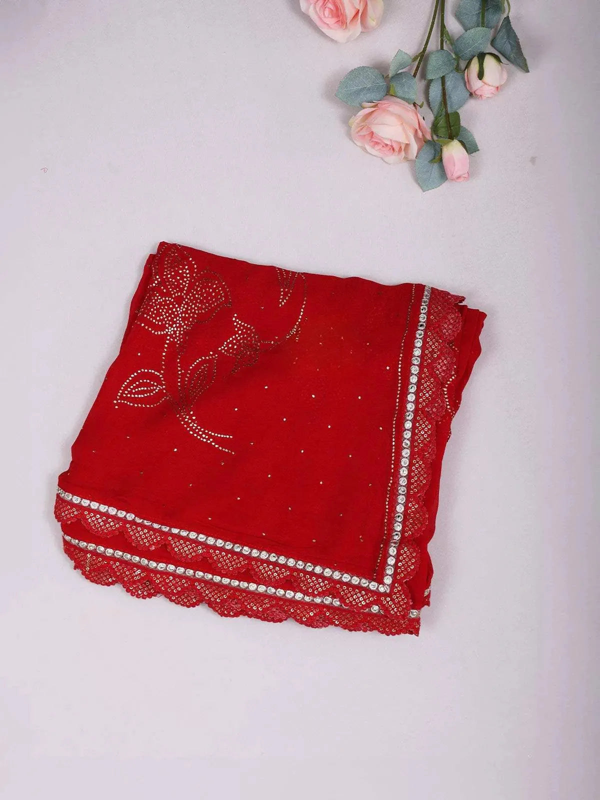 Red Organza Saree with Floral Prints on the Body and Embroidered Border Paired with Designer Blouse - Diadem